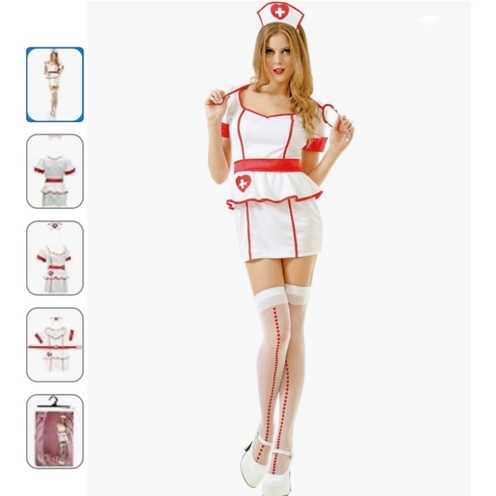 Naughty Nurse Adult Sexy Scrubs Halloween Costume Mini Dress White Red M NWT